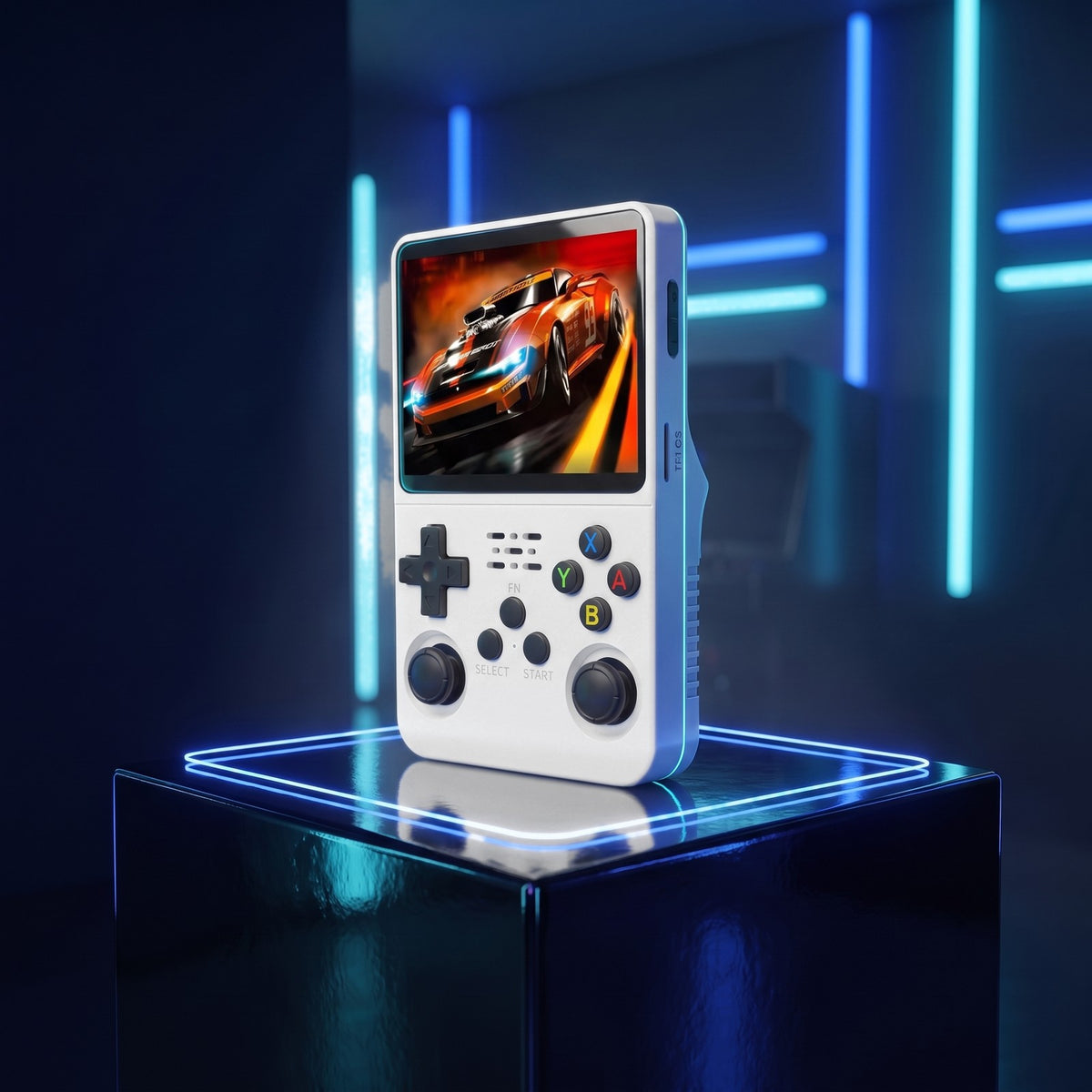 Console portable rétro Blanche sur fond gaming néon