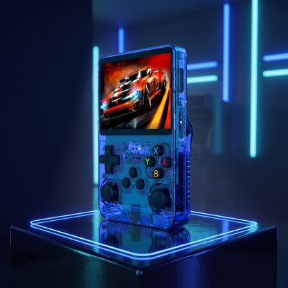 Console portable rétro Bleu sur fond gaming néon