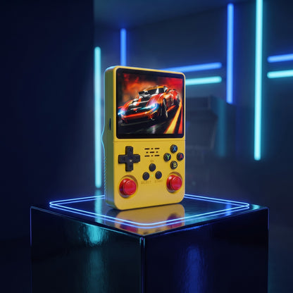Console portable rétro Jaune sur fond gaming néon