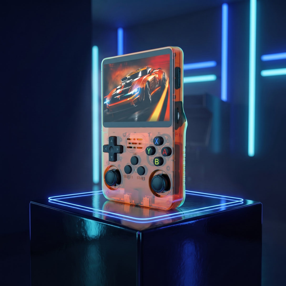 Console portable rétro Orange sur fond gaming néon