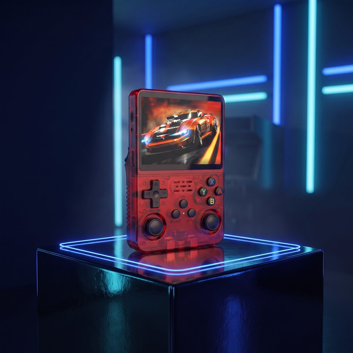 Console portable rétro Rouge sur fond gaming néon