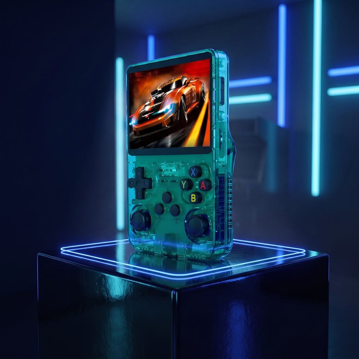 Console portable rétro Vert sur fond gaming néon